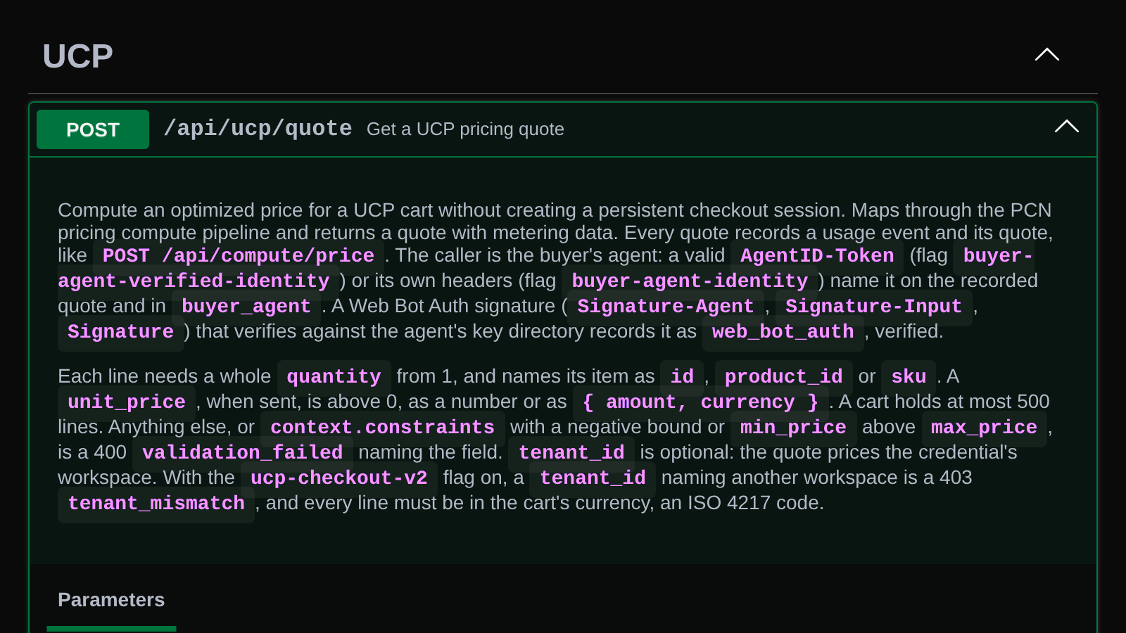 The API reference for a UCP quote, saying a verified Web Bot Auth signature records the buying agent as verified.