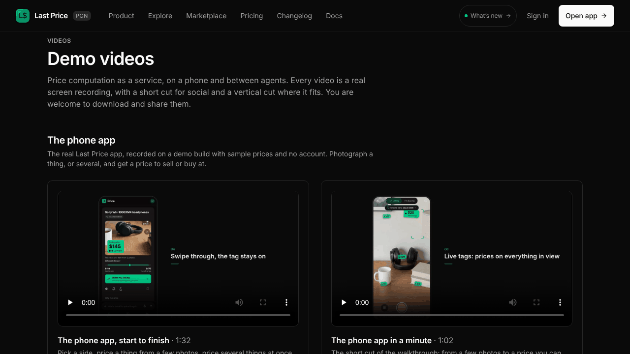 The Demo videos page in dark mode, with the phone app walkthrough and its short cut side by side under "The phone app".