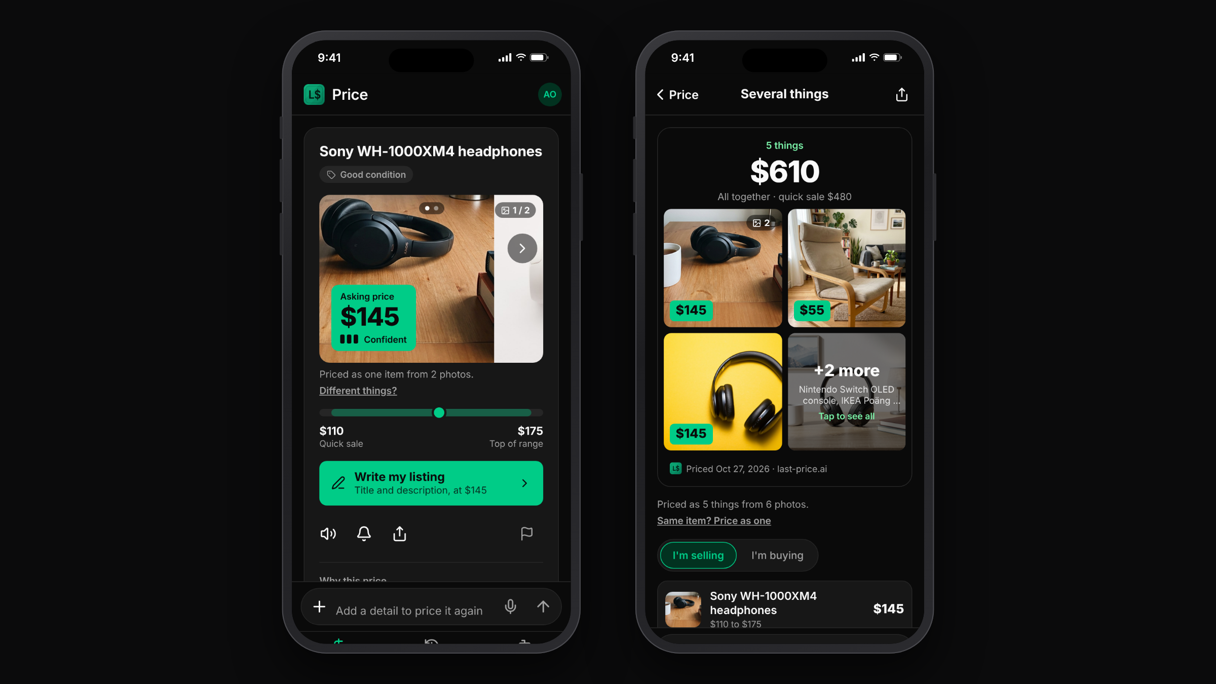 A price on a photo of headphones with the next photo peeking in from the right, a "1 / 2" count and an arrow, beside a grid of several things whose last tile says "+2 more".
