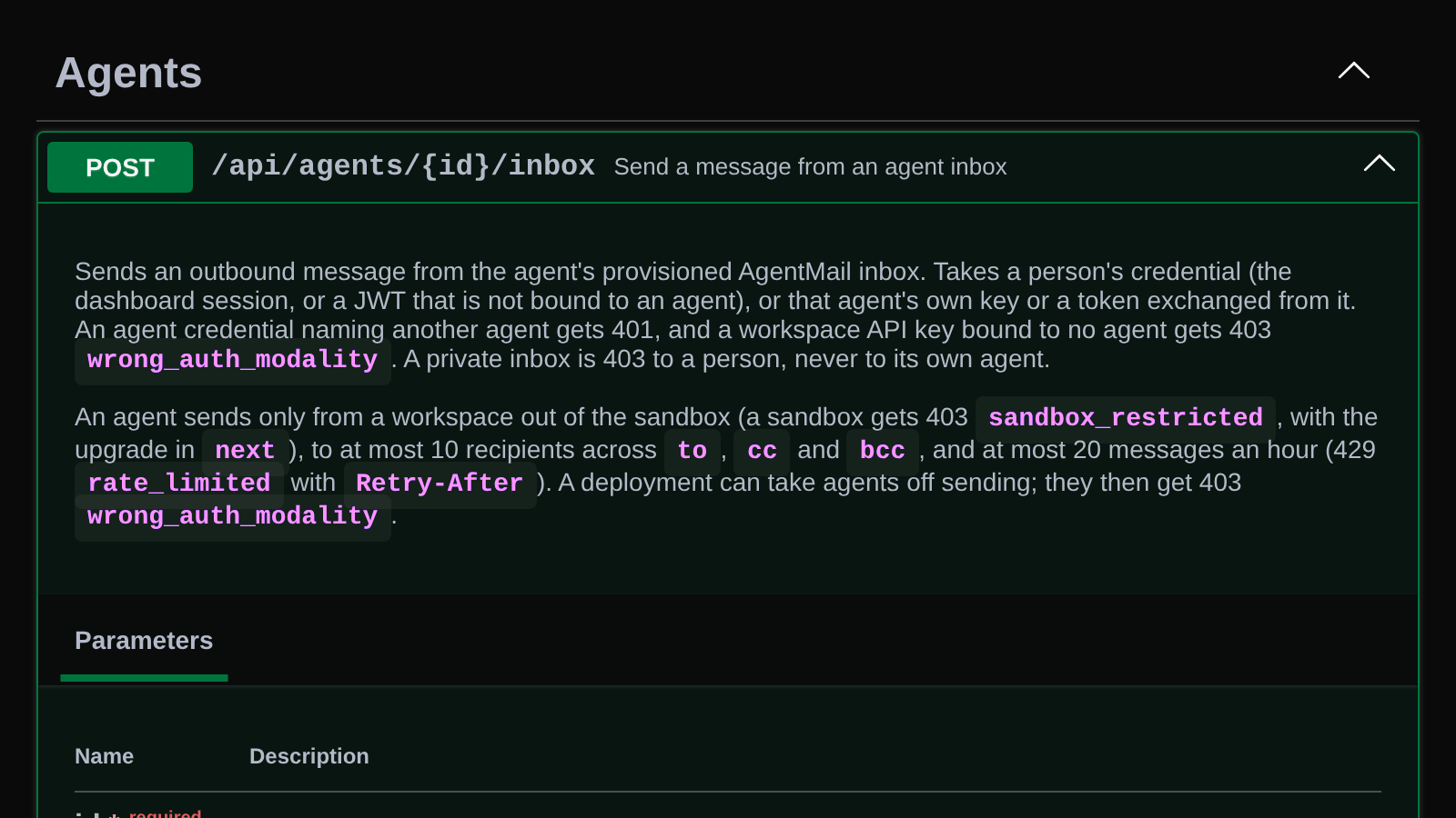 The API reference entry for POST /api/agents/{id}/inbox, which now takes the agent's own key.