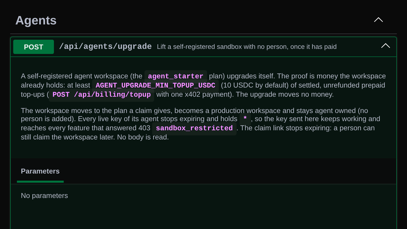 The API reference entry for POST /api/agents/upgrade, which lifts a self-registered sandbox once it has paid.