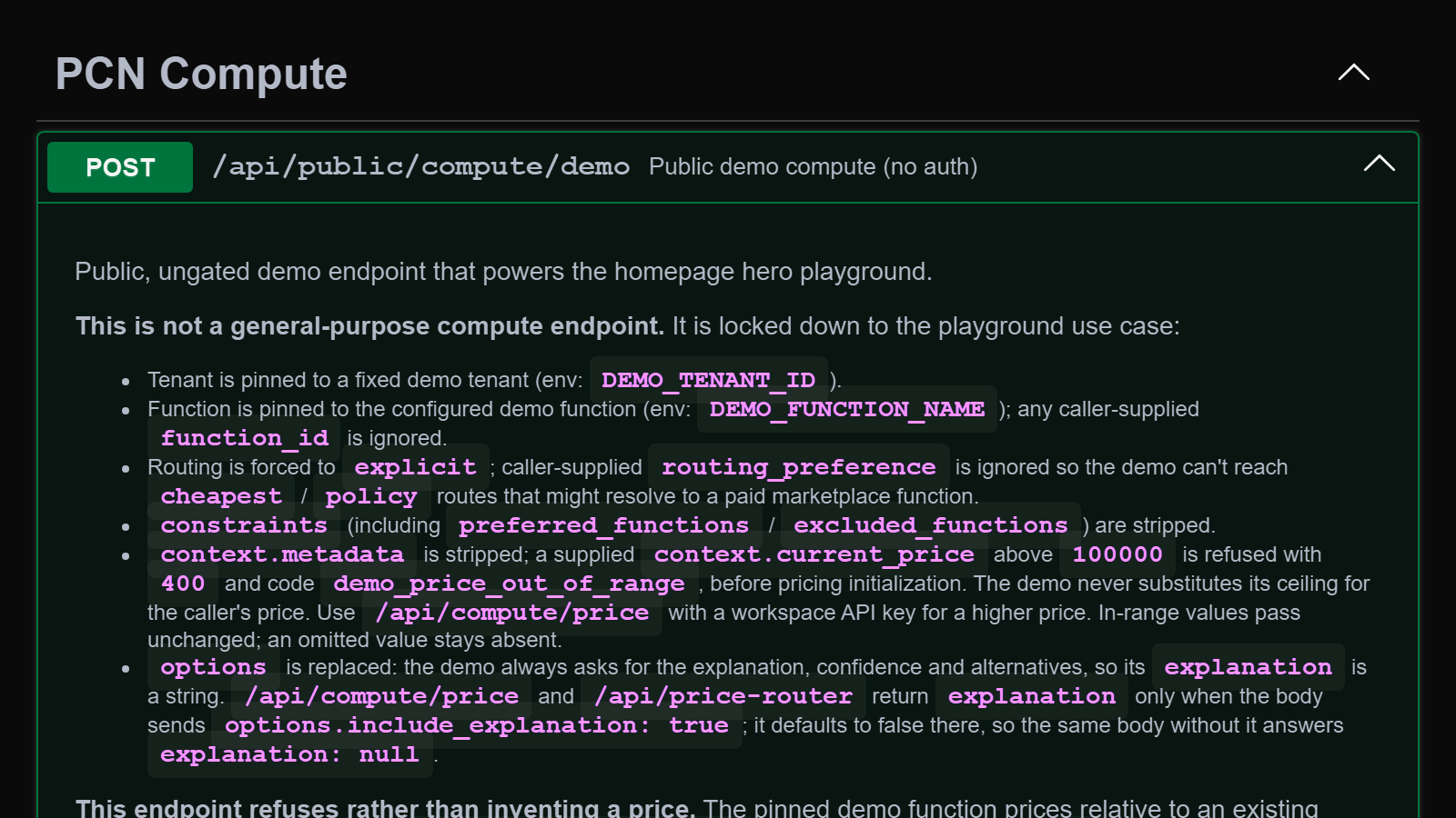 API reference explaining the demo price ceiling and how to price a higher amount.