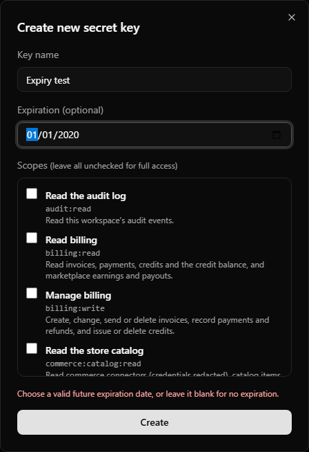 Secret-key form retaining a past expiration date and showing a future-date error.
