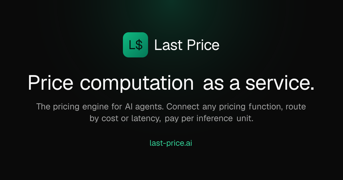 The Last Price preview card, the L$ logo over "Price computation as a service." on a dark background.