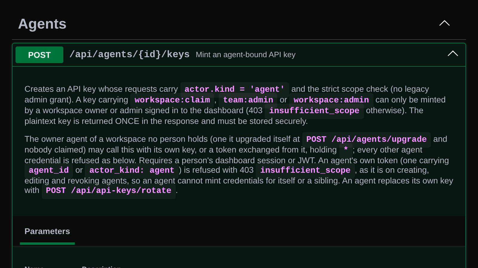 The API reference entry for POST /api/agents/{id}/keys, which now also takes the owner agent's own key.