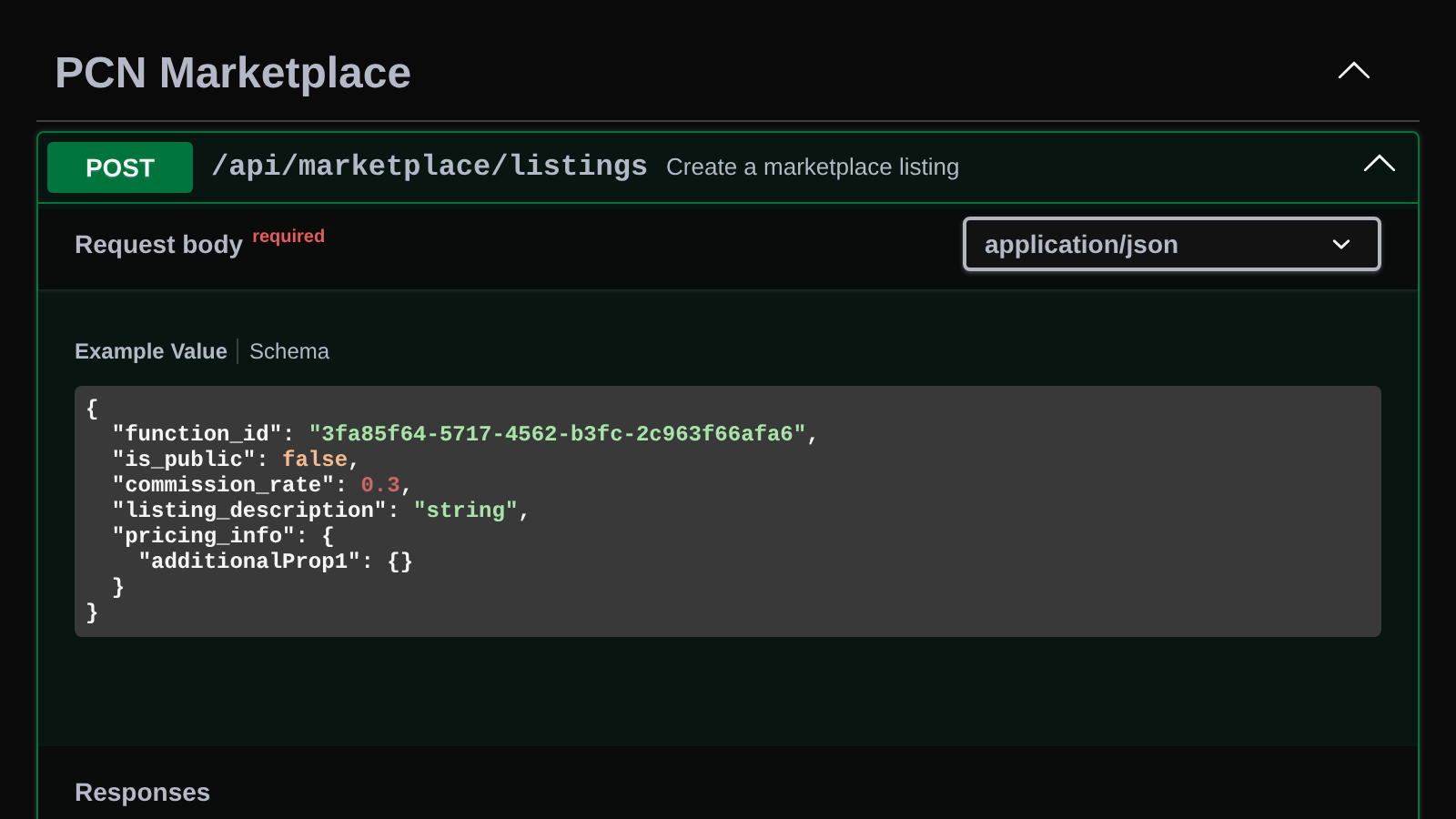 API reference for creating a marketplace listing, with listing_description and pricing_info in the request body