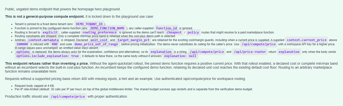 API reference explaining the public demo cost and margin inputs