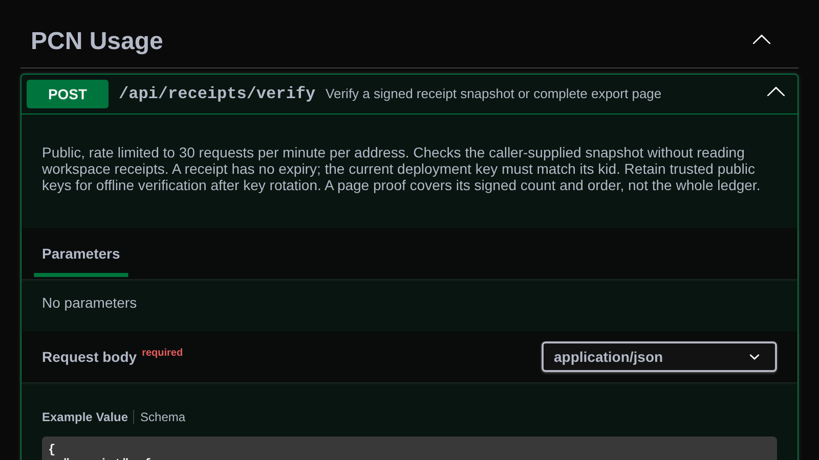 API reference for POST /api/receipts/verify, GET /api/receipts/{id}, GET /api/receipts